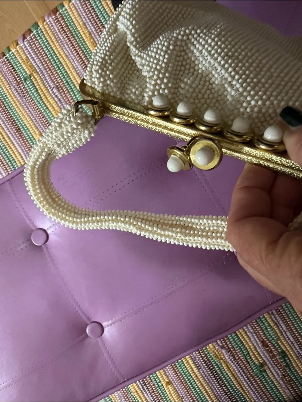 Vintage lumered Pearl petite bead Beaded White Evening Clutch with Gold Frame